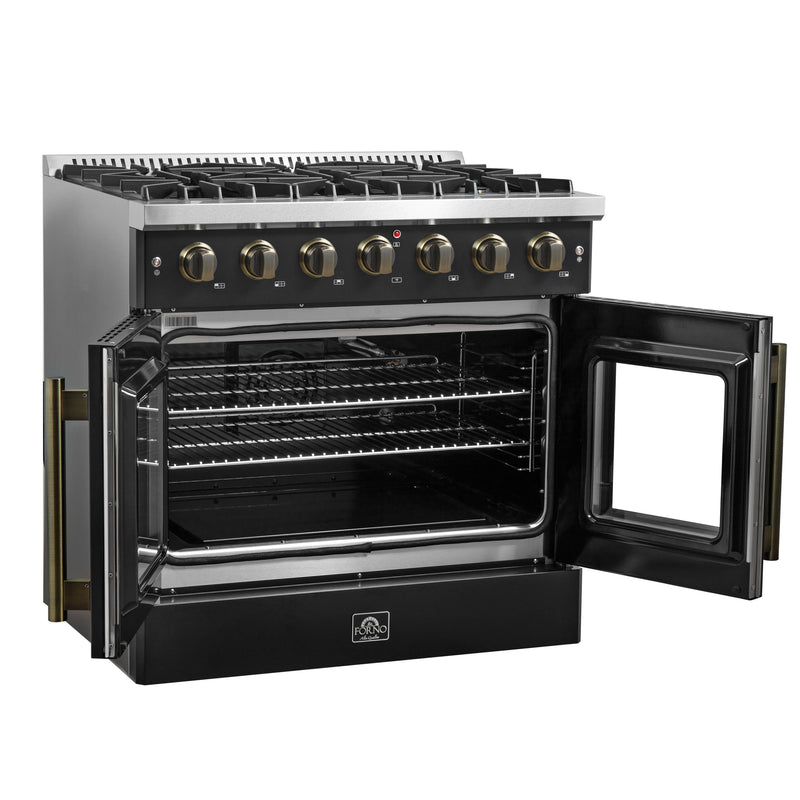Load image into Gallery viewer, Forno Galiano 36-inch French Door Gas Range Black and Antique Brass Design, 6 Sealed Burners 83,000 BTU, 5.36 cu.ft. Convection Oven