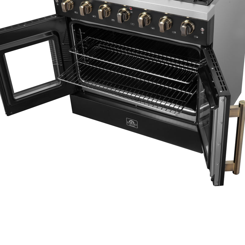 Load image into Gallery viewer, Forno Galiano 36-inch French Door Gas Range Black and Antique Brass Design, 6 Sealed Burners 83,000 BTU, 5.36 cu.ft. Convection Oven
