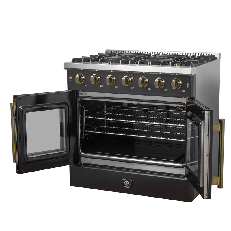 Load image into Gallery viewer, Forno Galiano 36-inch French Door Gas Range Black and Antique Brass Design, 6 Sealed Burners 83,000 BTU, 5.36 cu.ft. Convection Oven