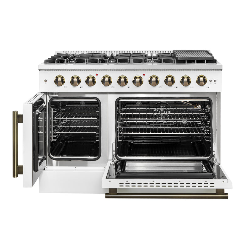 Load image into Gallery viewer, Forno Galiano 48-Inch Freestanding French Door Gas Range, White & Antique Brass