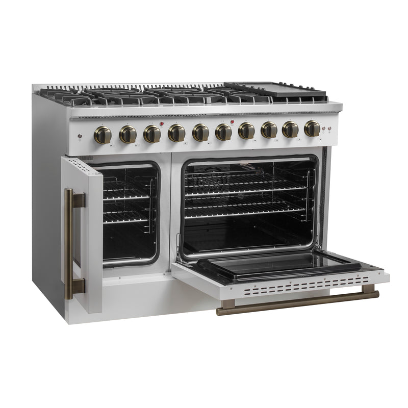 Load image into Gallery viewer, Forno Galiano 48-Inch Freestanding French Door Gas Range, White & Antique Brass