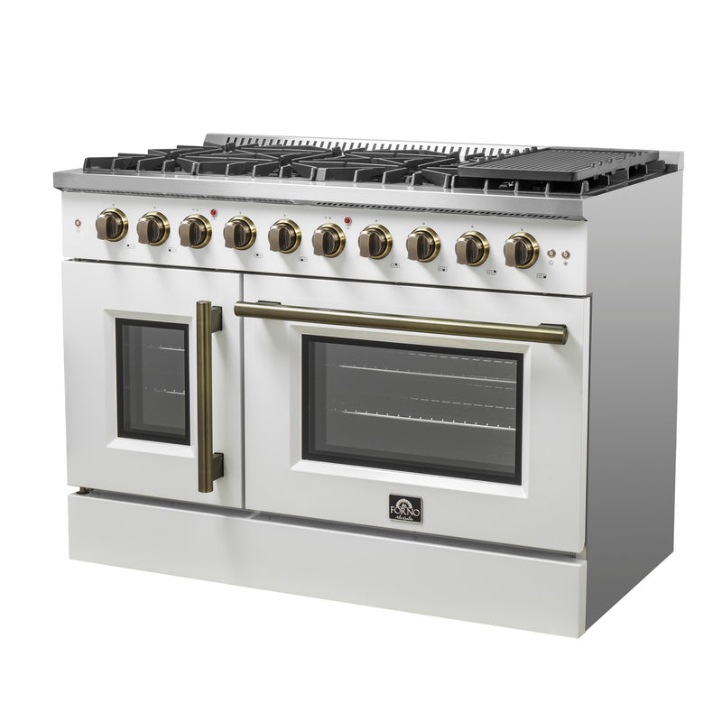 Load image into Gallery viewer, Forno Galiano 48-Inch Freestanding French Door Gas Range, White & Antique Brass