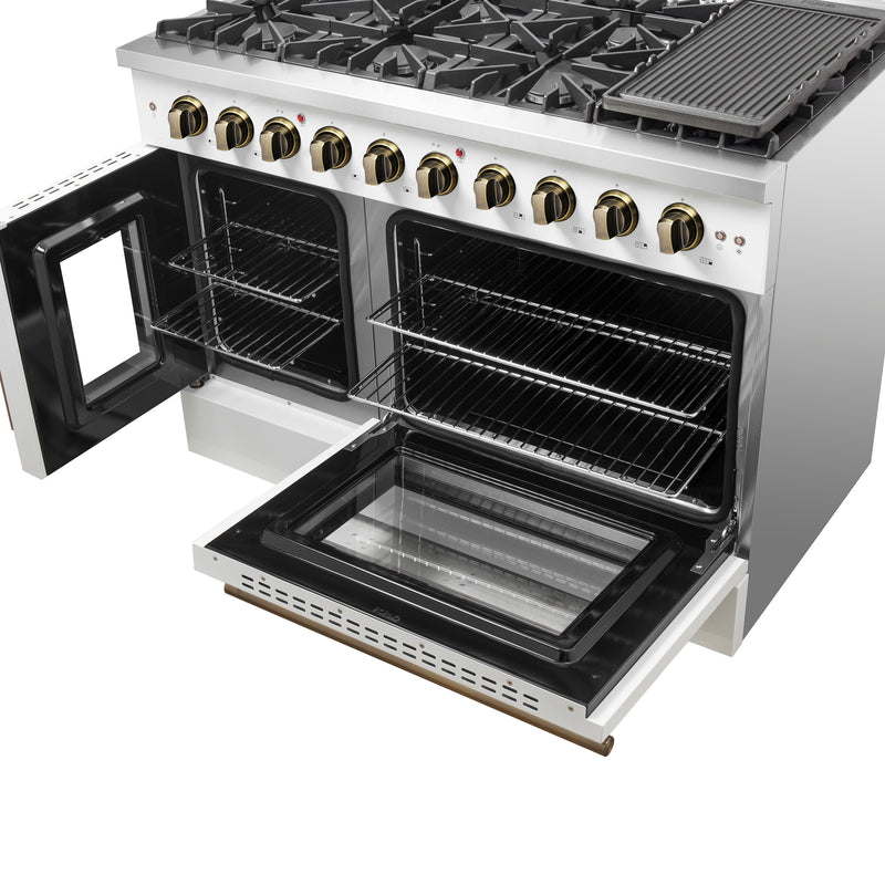 Load image into Gallery viewer, Forno Galiano 48-Inch Freestanding French Door Gas Range, White & Antique Brass