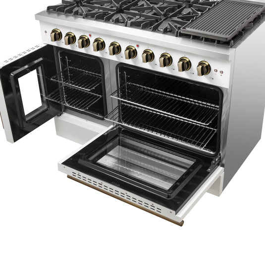Forno Galiano 48-Inch Freestanding French Door Gas Range, White & Antique Brass