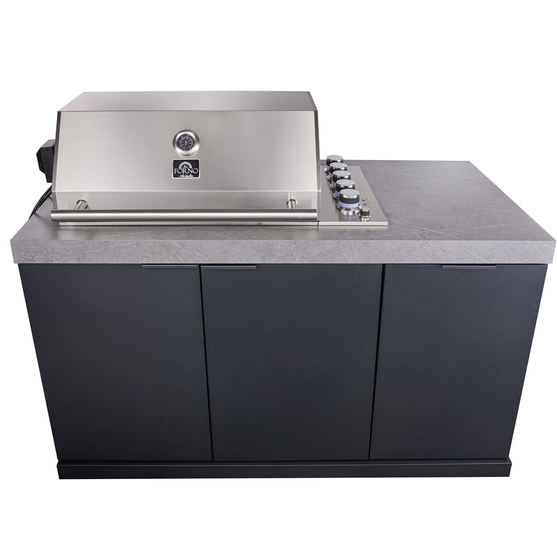 Load image into Gallery viewer, Forno Rimini Outdoor Kitchen 30" BBQ 62,600 BTU, 3 Burners with Sear & Rotisserie, 2.4 cu.ft. Beverage Center, Stainless Steel Sink, Black Cabinets & Gray Sintered Stone Countertop