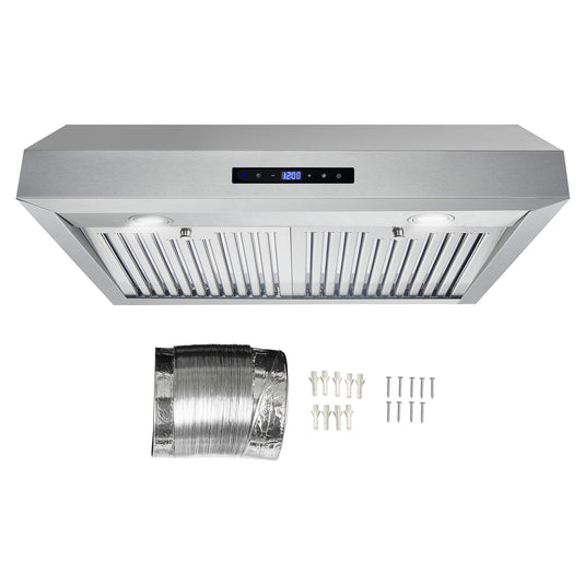Cosmo UMC30 Under Cabinet Stainless Steel Range Hood with LED Light, 380 CFM, Permanent Filter, Convertible from Ducted to Ductless (Kit Not Included), 30 in., Stainless Steel