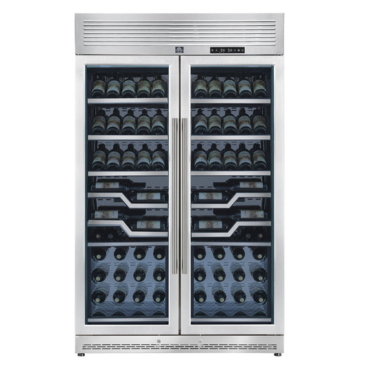 FORNO Abruzzo 48-Inch Dual Zone Wine Cellar, 102 Bottles, 24 cu. ft., Clear Acrylic Holders & Stainless Trim Shelves