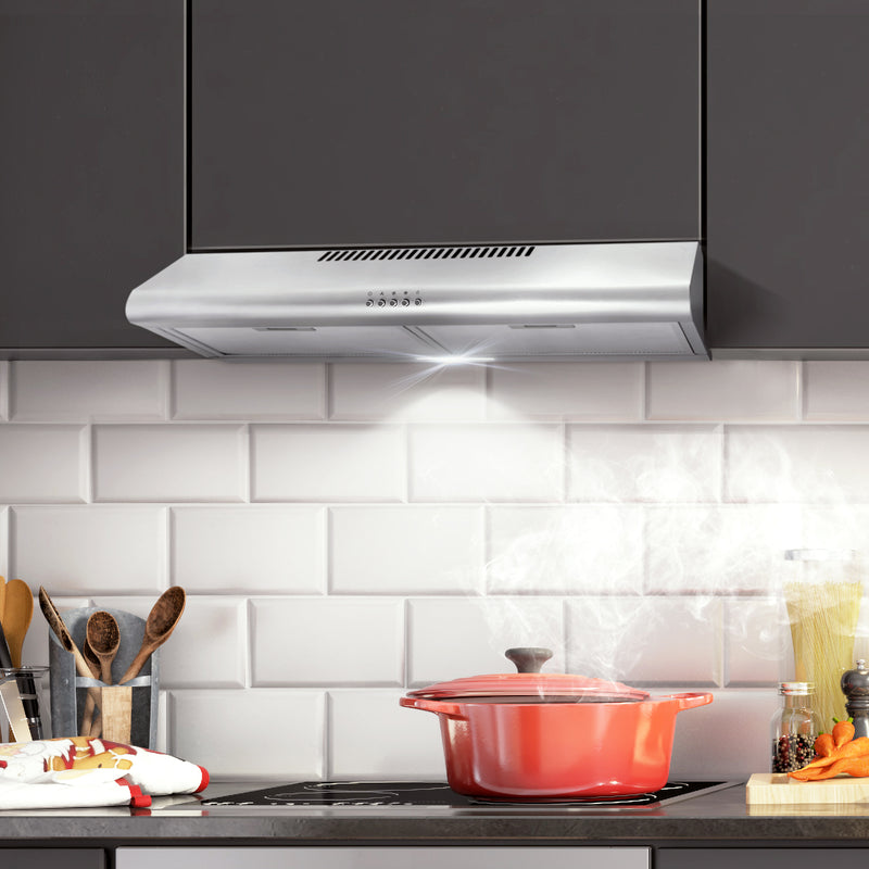 Load image into Gallery viewer, Cosmo 5MU30 30 in. Under Cabinet Range Hood with Ducted / Ductless Convertible Duct, Slim Kitchen Stove Vent with, 3 Speed Exhaust Fan, Reusable Filter and LED Lights in Stainless Steel
