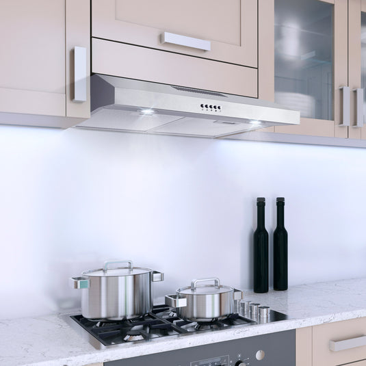 Cosmo 5U30 30 in. Under Cabinet Range Hood with Ducted / Ductless Convertible Slim Kitchen Over Stove Vent, 3 Speed Exhaust Fan, Reusable Filter, LED Lights in Stainless Steel