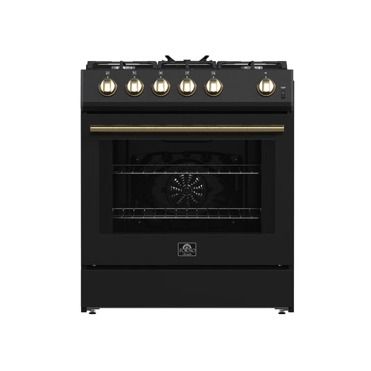 Forno Leonardo Espresso 30-Inch Black Gas Range, 5 Burners, 39,500 BTU, 5 cu.ft Convection Oven