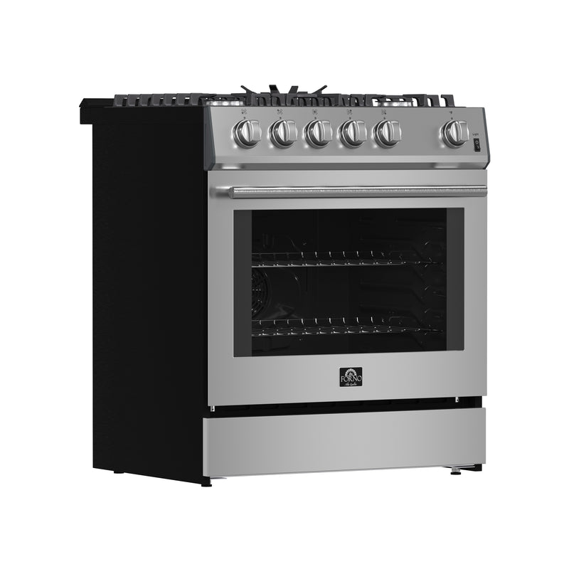 Load image into Gallery viewer, Forno Leonardo 30-Inch Stainless Steel Gas Range, 5 Sealed Burners (Totaling 39,500 BTU), 5 cu.ft. Convection Oven, Continuous Cast Iron Grates, Black Enamel Interior, Auto Re-Ignition, LP Conversion Kit Included
