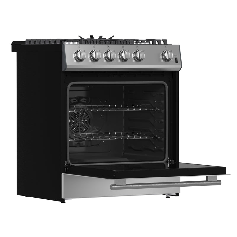 Load image into Gallery viewer, Forno Leonardo 30-Inch Stainless Steel Gas Range, 5 Sealed Burners (Totaling 39,500 BTU), 5 cu.ft. Convection Oven, Continuous Cast Iron Grates, Black Enamel Interior, Auto Re-Ignition, LP Conversion Kit Included
