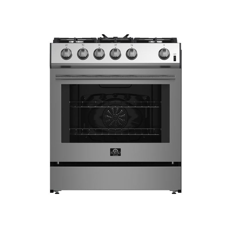 Load image into Gallery viewer, Forno Leonardo 30-Inch Stainless Steel Gas Range, 5 Sealed Burners (Totaling 39,500 BTU), 5 cu.ft. Convection Oven, Continuous Cast Iron Grates, Black Enamel Interior, Auto Re-Ignition, LP Conversion Kit Included
