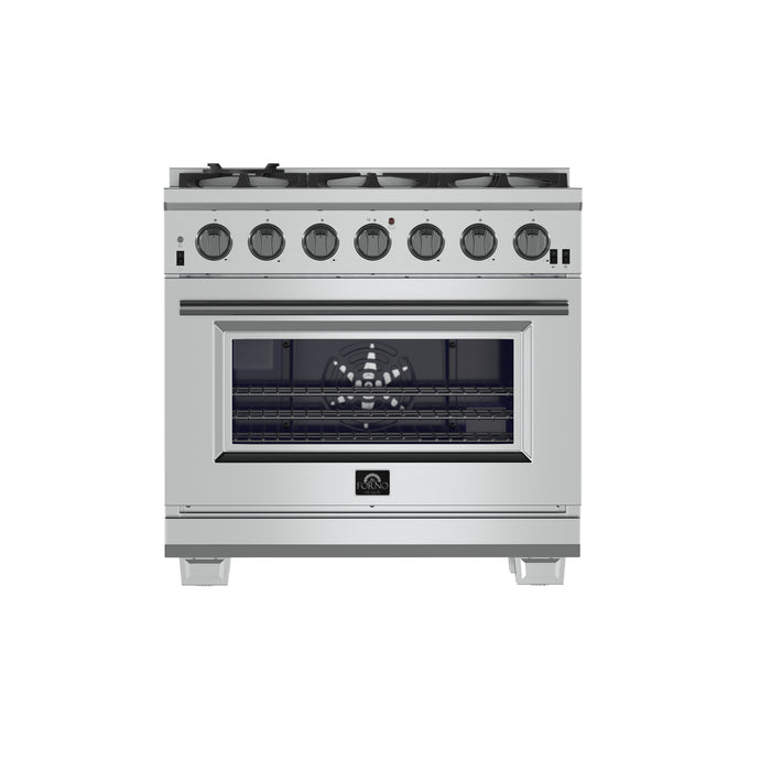Forno Capriasca 36-Inch Gas Range, Stainless Steel, 6 Brass Burners, 120,000 BTU, Convection Oven, Energy Efficient