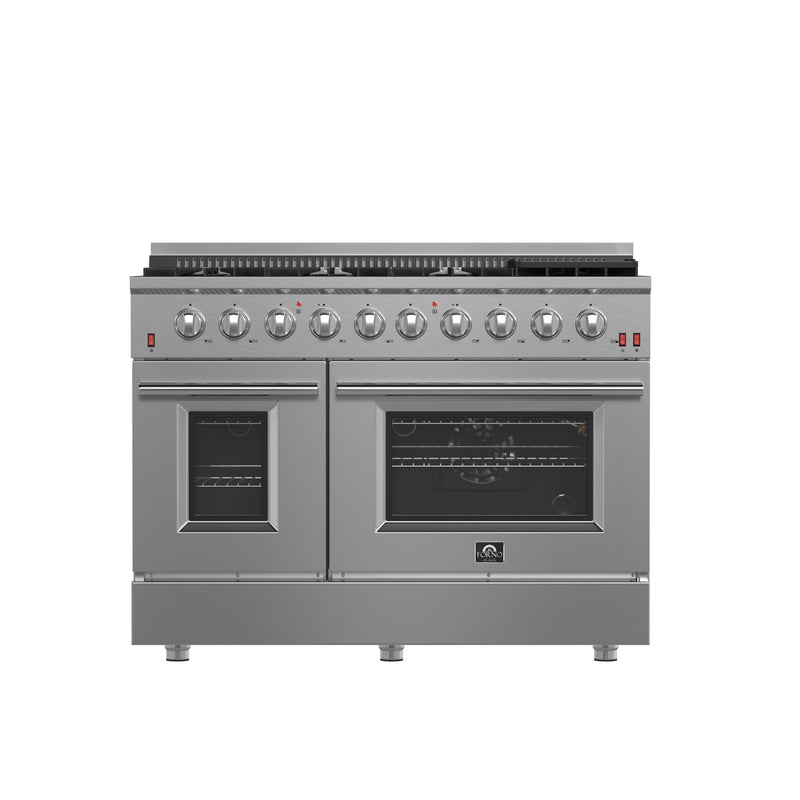 Load image into Gallery viewer, FORNO Premium 3-Piece Kitchen Bundle - FORNO Galiano 48&quot; Freestanding Gas Range, FORNO Rizzuto 60&quot; W. Dual Combo Convertible Refrigerator, FORNO 48&quot; Wall Mount Range Hood - FBDL-018-02US
