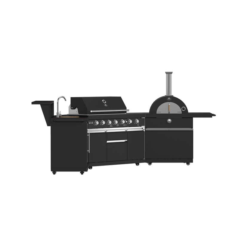 Load image into Gallery viewer, Forno All’Aperto 87,600 BTU Outdoor Kitchen, 4 Burners, Infrared Burners, Side Burner, Black Sintered Stone Countertops, Gas Pizza Oven, Sink Module, Bar &amp; Beverage Center
