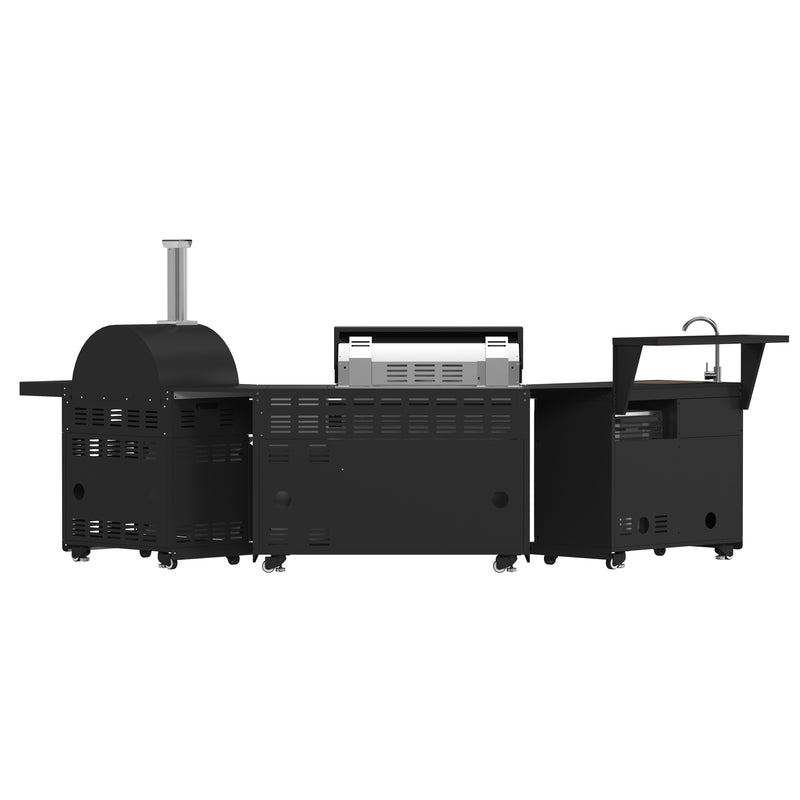 Load image into Gallery viewer, Forno All’Aperto 87,600 BTU Outdoor Kitchen, 4 Burners, Infrared Burners, Side Burner, Black Sintered Stone Countertops, Gas Pizza Oven, Sink Module, Bar &amp; Beverage Center
