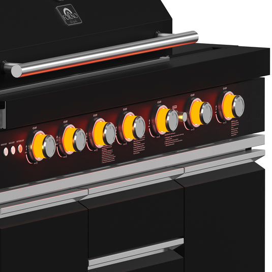 Forno All’Aperto 87,600 BTU Outdoor Kitchen, 4 Burners, Infrared Burners, Side Burner, Black Sintered Stone Countertops, Gas Pizza Oven, Sink Module, Bar & Beverage Center