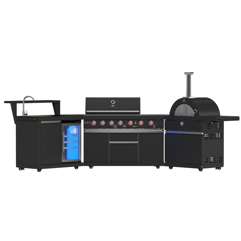 Load image into Gallery viewer, Forno All’Aperto 87,600 BTU Outdoor Kitchen, 4 Burners, Infrared Burners, Side Burner, Black Sintered Stone Countertops, Gas Pizza Oven, Sink Module, Bar &amp; Beverage Center
