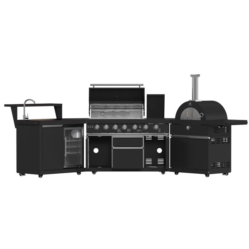 Load image into Gallery viewer, Forno All’Aperto 87,600 BTU Outdoor Kitchen, 4 Burners, Infrared Burners, Side Burner, Black Sintered Stone Countertops, Gas Pizza Oven, Sink Module, Bar &amp; Beverage Center
