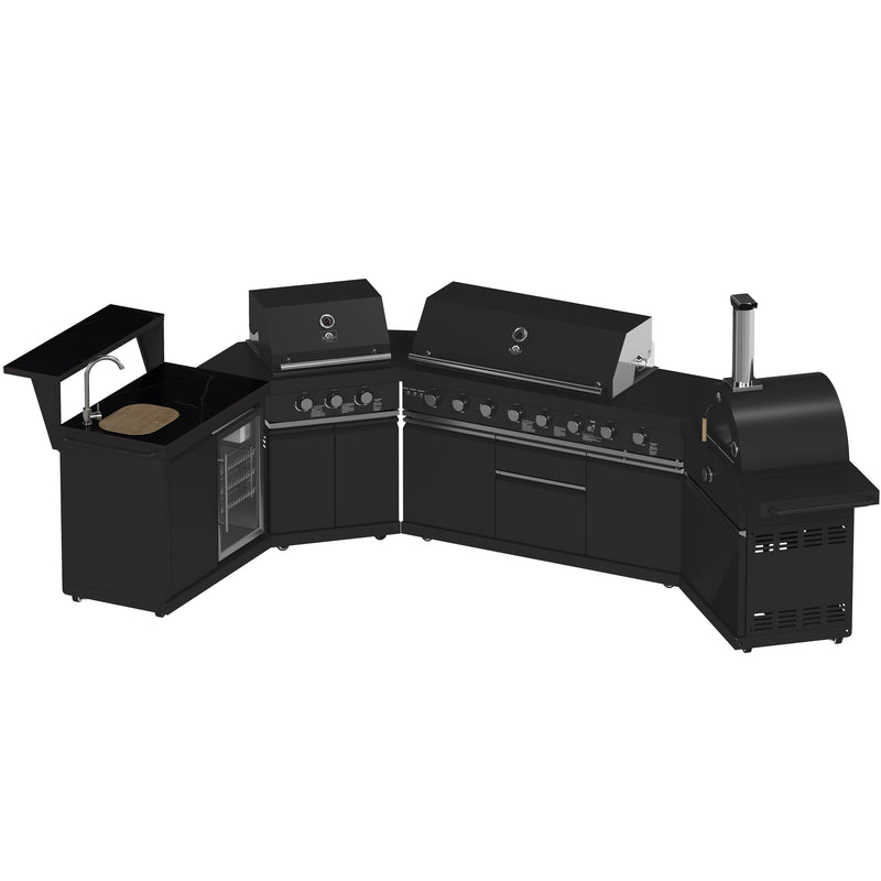 Load image into Gallery viewer, Forno All’Aperto 99,600 BTU Outdoor Kitchen, 5 Burners, Infrared Burners, Side Burner, Black Sintered Stone Countertops, Gas Pizza Oven, Sink Module, Bar &amp; Beverage Center
