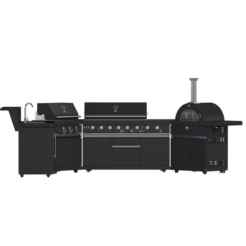 Load image into Gallery viewer, Forno All’Aperto 99,600 BTU Outdoor Kitchen, 5 Burners, Infrared Burners, Side Burner, Black Sintered Stone Countertops, Gas Pizza Oven, Sink Module, Bar &amp; Beverage Center

