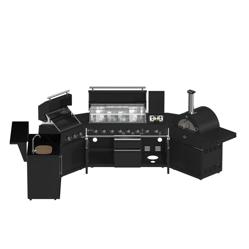 Load image into Gallery viewer, Forno All’Aperto 99,600 BTU Outdoor Kitchen, 5 Burners, Infrared Burners, Side Burner, Black Sintered Stone Countertops, Gas Pizza Oven, Sink Module, Bar &amp; Beverage Center
