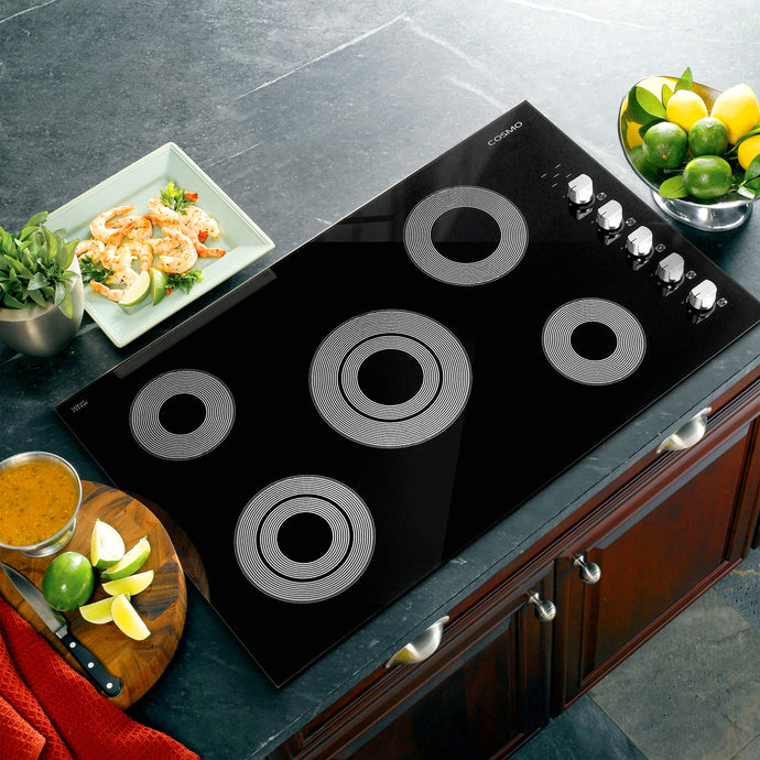 Cosmo 36 in. Electric Ceramic Glass Cooktop with 5 Burners, Dual Zone Elements, Hot Surface Indicator Light and Control Knobs