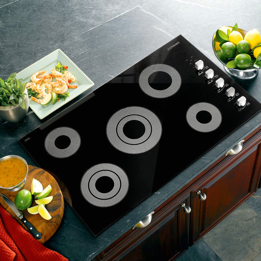 Cosmo 36 in. Electric Ceramic Glass Cooktop with 5 Burners, Dual Zone Elements, Hot Surface Indicator Light and Control Knobs
