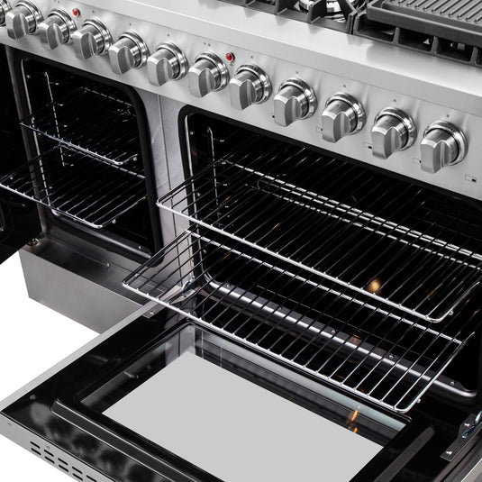 FORNO Galiano 48-Inch French Door Dual Fuel Range All Stainless Steel, 8 Sealed Burners, 107,000 BTU, Griddle, 6.58 cu.ft. Double Ovens