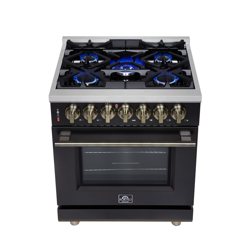 Load image into Gallery viewer, Forno Massimo 30-Inch Freestanding Dual Fuel Range in Black with Antique Brass Accessories, 4 Burners, 4.32 cu. ft. Convection Oven
