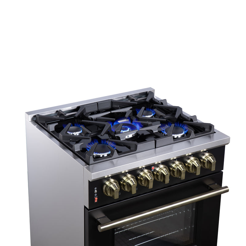 Load image into Gallery viewer, Forno Massimo 30-Inch Freestanding Dual Fuel Range in Black with Antique Brass Accessories, 4 Burners, 4.32 cu. ft. Convection Oven
