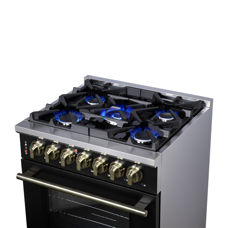 Load image into Gallery viewer, Forno Massimo 30-Inch Freestanding Dual Fuel Range in Black with Antique Brass Accessories, 4 Burners, 4.32 cu. ft. Convection Oven
