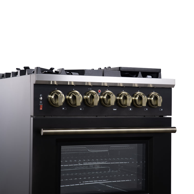 Load image into Gallery viewer, Forno Massimo 30-Inch Freestanding Dual Fuel Range in Black with Antique Brass Accessories, 4 Burners, 4.32 cu. ft. Convection Oven

