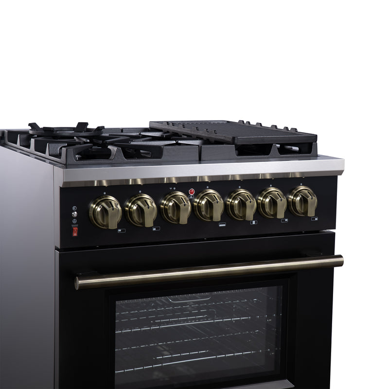 Load image into Gallery viewer, Forno Massimo 30-Inch Freestanding Dual Fuel Range in Black with Antique Brass Accessories, 4 Burners, 4.32 cu. ft. Convection Oven
