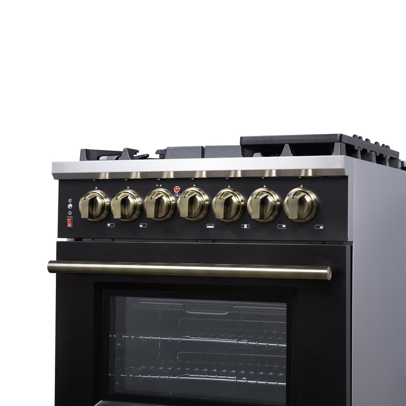 Load image into Gallery viewer, Forno Massimo 30-Inch Freestanding Dual Fuel Range in Black with Antique Brass Accessories, 4 Burners, 4.32 cu. ft. Convection Oven
