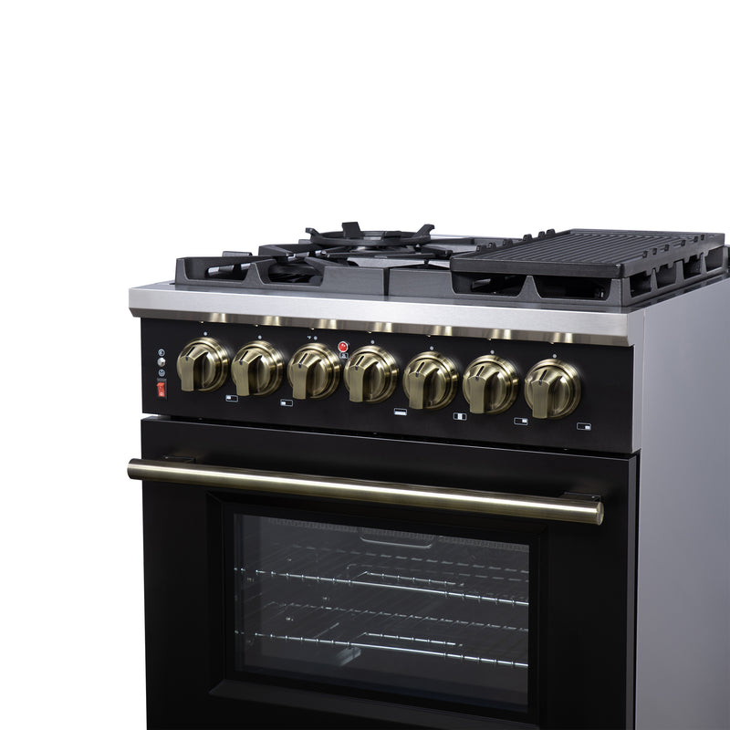 Load image into Gallery viewer, Forno Massimo 30-Inch Freestanding Dual Fuel Range in Black with Antique Brass Accessories, 4 Burners, 4.32 cu. ft. Convection Oven
