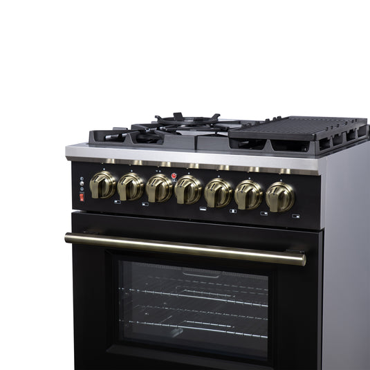 Forno Massimo 30-Inch Freestanding Dual Fuel Range in Black with Antique Brass Accessories, 4 Burners, 4.32 cu. ft. Convection Oven