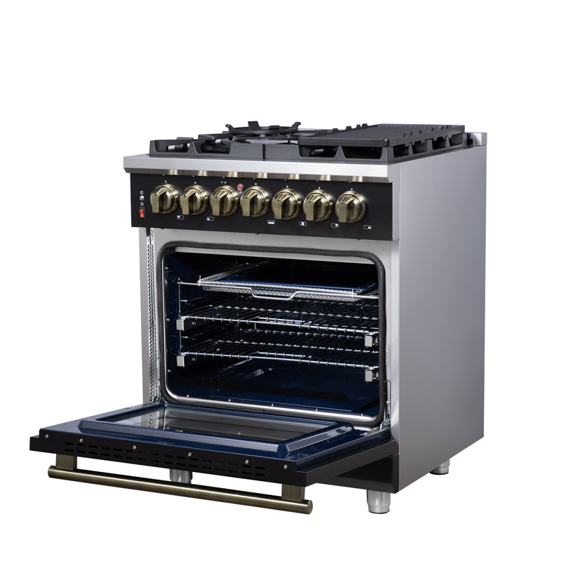Load image into Gallery viewer, Forno Massimo 30-Inch Freestanding Dual Fuel Range in Black with Antique Brass Accessories, 4 Burners, 4.32 cu. ft. Convection Oven
