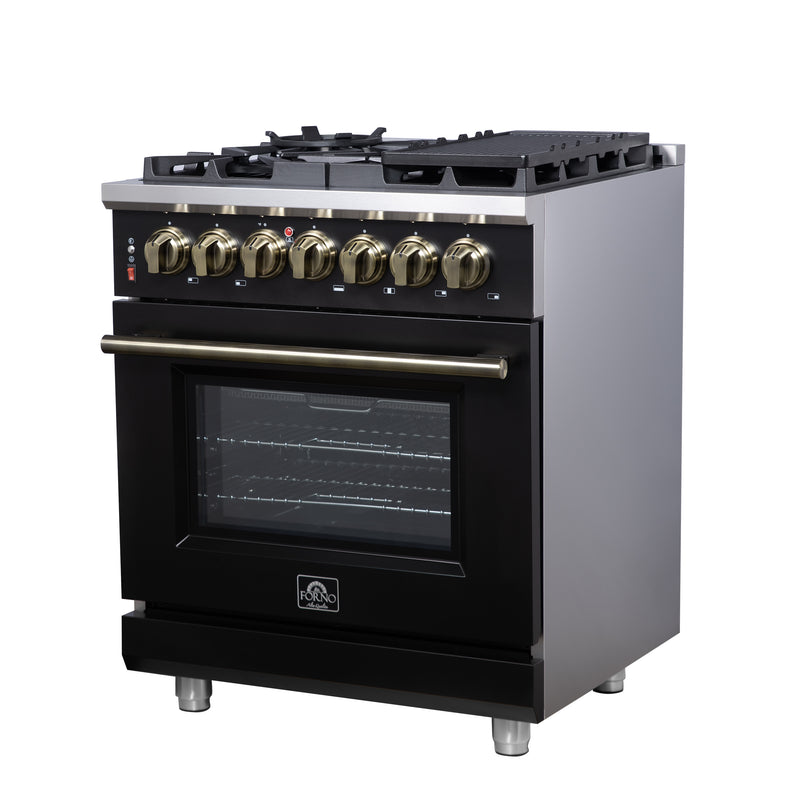 Load image into Gallery viewer, Forno Massimo 30-Inch Freestanding Dual Fuel Range in Black with Antique Brass Accessories, 4 Burners, 4.32 cu. ft. Convection Oven
