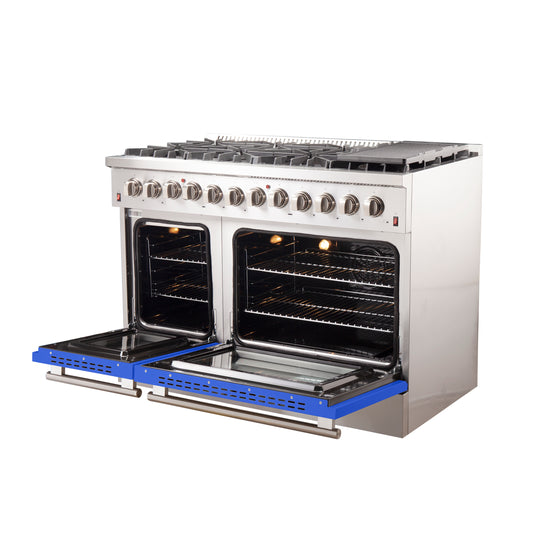 Forno Galiano 48-Inch, Blue Freestanding Dual Fuel Range with 8 Burners and Double Ovens - FFSGS6156-48BLU