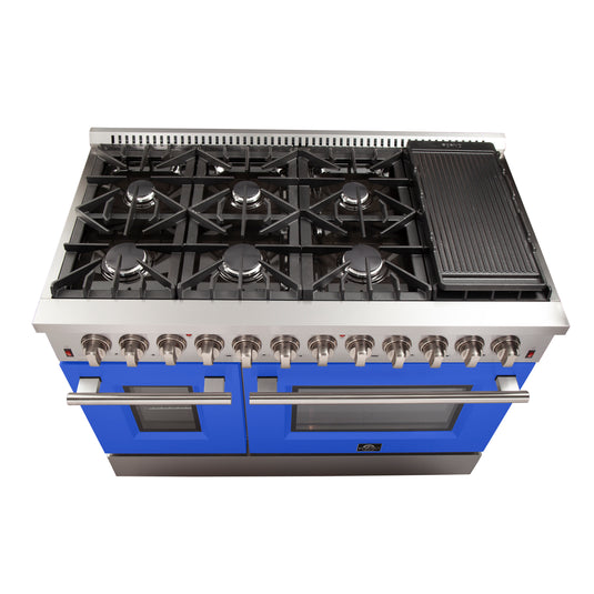 Forno Galiano 48-Inch, Blue Freestanding Dual Fuel Range with 8 Burners and Double Ovens - FFSGS6156-48BLU