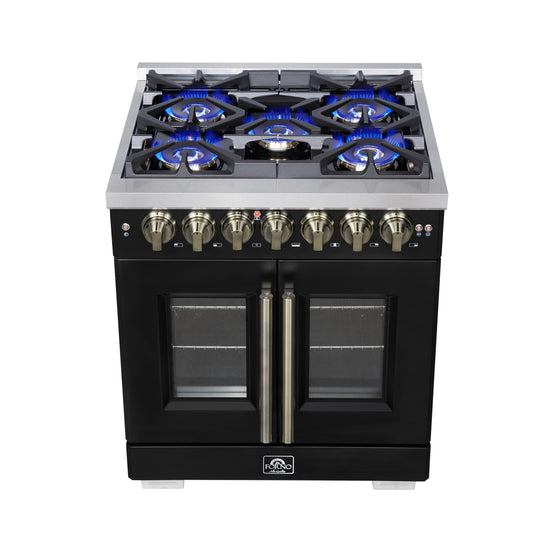 Forno Capriasca 30-Inch, Black Freestanding French Door Dual Fuel Range with 5 Burners - FFSGS6387-30BLK