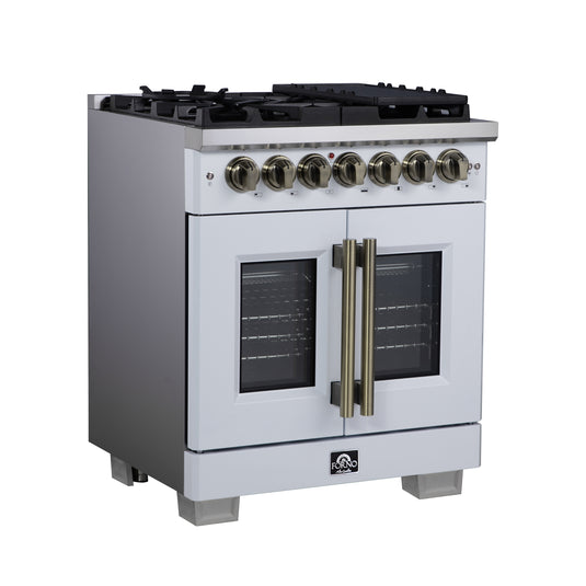 Forno Capriasca 30-Inch, White Freestanding French Door Dual Fuel Range with 5 Burners - FFSGS6387-30WHT