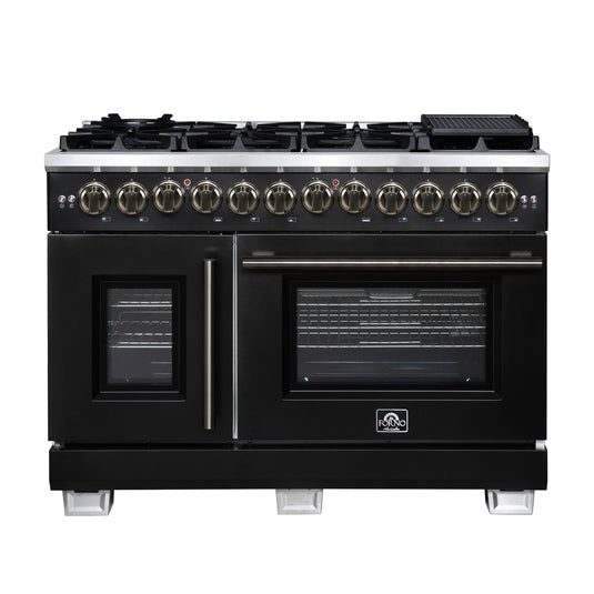 Forno Capriasca 48 Inch, Black Freestanding French Door Dual Fuel Range 8 Burners - FFSGS6387-48BLK
