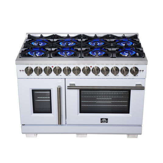 Forno Capriasca 48 Inch, White Freestanding French Door Dual Fuel Range with 8 Burners - FFSGS6387-48WHT