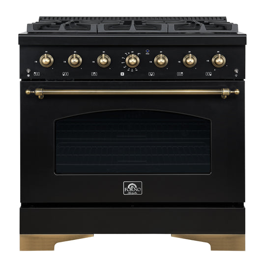 Forno Antico 36-inch Dual Fuel Range, Black and Antique Brass, 6 Burners, 4.5 cu.ft. Convection Oven