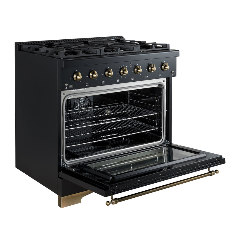 Load image into Gallery viewer, Forno Antico 36-inch Dual Fuel Range, Black and Antique Brass, 6 Burners, 4.5 cu.ft. Convection Oven
