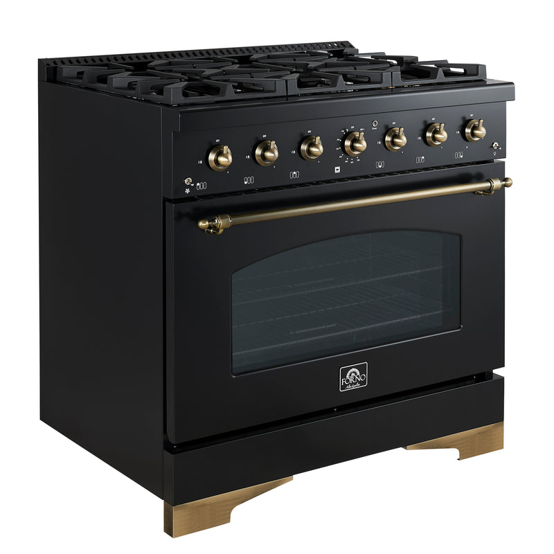 Load image into Gallery viewer, Forno Antico 36-inch Dual Fuel Range, Black and Antique Brass, 6 Burners, 4.5 cu.ft. Convection Oven
