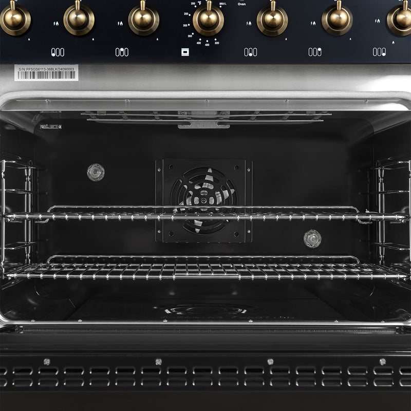 Load image into Gallery viewer, Forno Antico 36-inch Dual Fuel Range, Black and Antique Brass, 6 Burners, 4.5 cu.ft. Convection Oven
